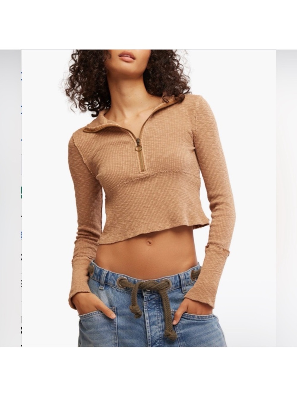 We The Free::  “Midnight” Soft Ribbed 1/2  Zip-Neck,  Long Sleeve Crop Top
